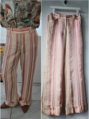 Vintage Meritage Lustrous Pastel Stripe Mid Rise Wide Leg Cuffed Trousers
